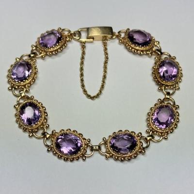 Vintage 14k Gold and Amethyst Bracelet, mark not found, tested 14k, 21.1g, matches Lot 195
