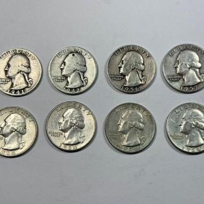 Eight Washington Quarters, 90% silver, date range 1941-1964