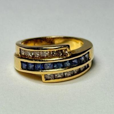 Vintage sapphire and diamond 14k yellow gold ring, no marks found other, tested 14k, 7.2g, size 5.75