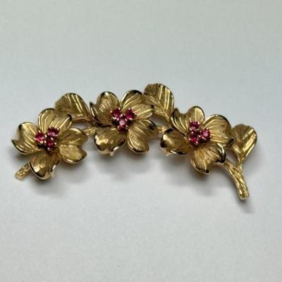 Vintage Dan Paglia 14k Gold and Ruby Dogwood Pin, mark not found, tested 14k, 10g