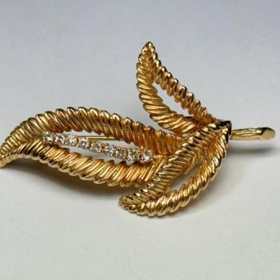Vintage 14k Yellow Gold and Diamond Leaf Pin, 6.7g