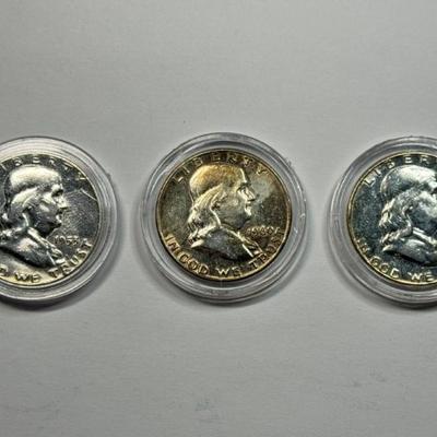 Three Benjamin Franklin Half Dollars, 90% silver: 1953, 1960, 1961
