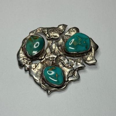Vintage Native American sterling silver and turquoise abstract brooch, signed, 25.7g