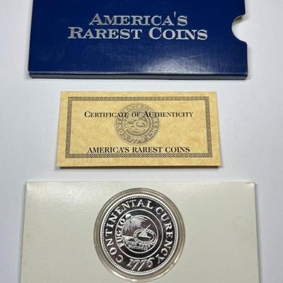 America’s Rarest Coins 2oz .999 Fine Silver Limited Edition Proof Quality Replica Coin 1776 Silver Continental Dollar, COA