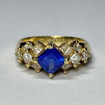 Vintage natural blue sapphire and diamond 14k yellow gold ring, no marks found other than RIC, tested 14k, 5.8g, size 6