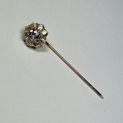 Vintage pink sapphire and diamond 14k gold stick pin, no marks found, tested 14k, 2g