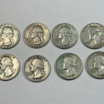 Eight Benjamin Franklin Half Dollars, 90% silver, date range 1960-1962