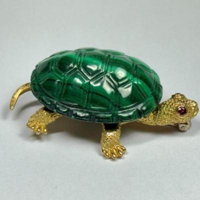 Vintage Dan Paglia Malachite 18K turtel pin
