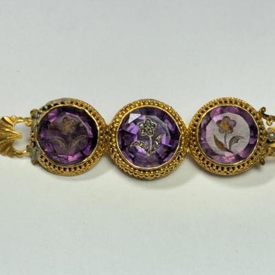 Antique Art Nouveau 14k Gold Intaglio Rose of Sharon Amethyst Pin, replaced pin, mark not found, tested 14k, 11.9g