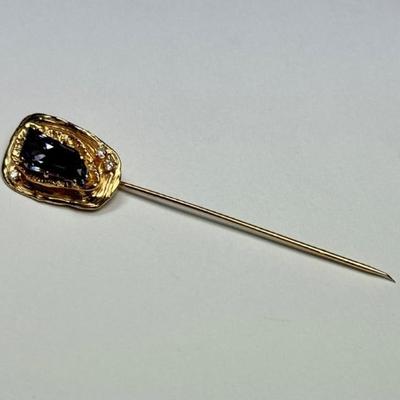 Custom 14k gold fine tanzanite and diamond stick pin, no marks found, tested 14k, Baskin & Sons Inc original invoice dated 7/18/84...