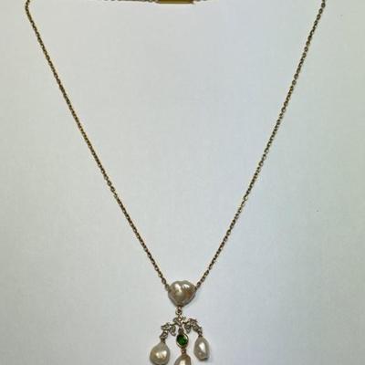 Antique Edwardian emerald baroque pearl gold lavalier, no marks found, tested 14k, 5.7g