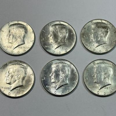 Six uncirculated 1964 Kennedy Half Dollars