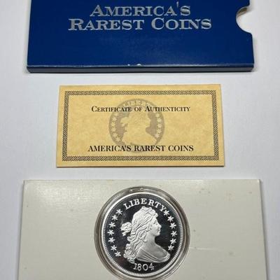 America’s Rarest Coins 2oz .999 Fine Silver Limited Edition Proof Quality Replica Coin 1804 Bust Dollar, COA