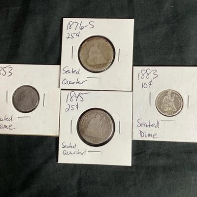 2 Seated Silver U.S Quarters & 2 Seated U.S Silver Dimes