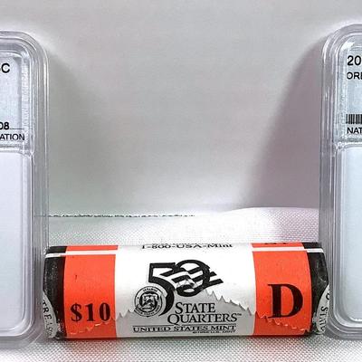 High Grade NNC Graded Oregon Quarters & A Roll Of New York U.S. Mint Uncirculated Quarters