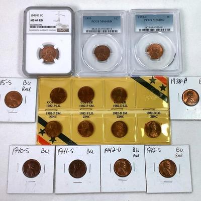 6 Different Lincoln Wheat Pennies, 3-Graded Wheat Lincoln Pennies, 7-1982 Uncirculated Pennies 