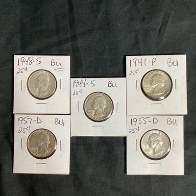 5 Different BU/Uncirculated Washington Silver Quarters