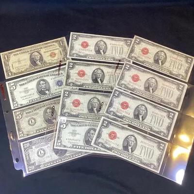 1928 $2 Red Seal US Notes, 1935 $1 Hawaii Notes, $5 Silver Cent, 1934 $5 & $20 Federal Reserve Notes