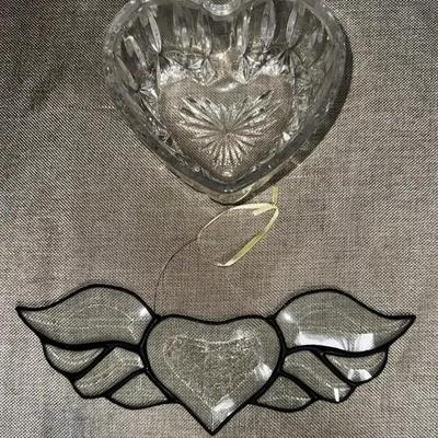 Vintage Heart-Shaped Crystal Bowl, And Glass Winged Heart Sun Catcher 