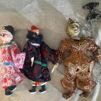 Vtg Burmese String Marionette Handmade Puppet, And Two Chinese Opera Puppets