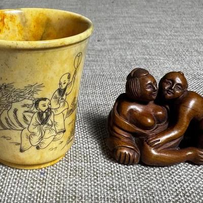 Vintage Asian Shot Glass, And Netsuke Boxwood Carving 