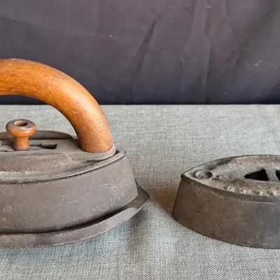 Antique Cast Sad Irons (2), And A Cast Iron Trivet 
