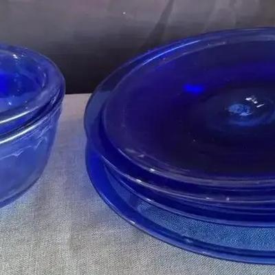 Vintage Cobalt Blue Plates, Pyrex, And Anchor Mixing Bowls 
