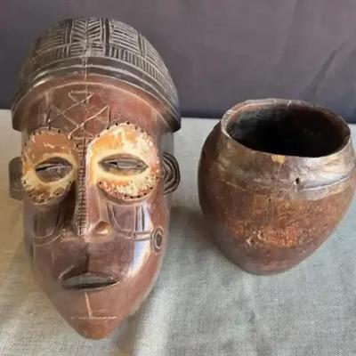 Chokwe Mwana Pwo Mask, And Drinking Vessel 