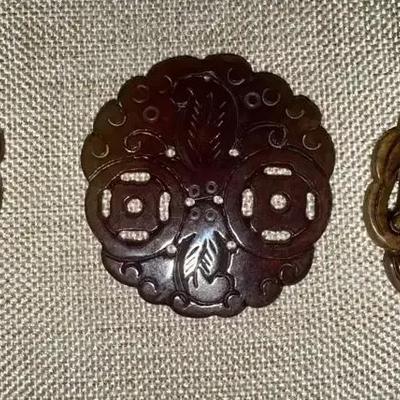 Brown Jade Hand-Carved Chinese Pendants (3)