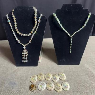 Vintage Aurora Borealis Crystal Bead Necklaces, Handpainted Porcelain 