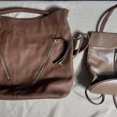 Genuine Leather Backpack, And Large Brown Synthetic Leather Purse