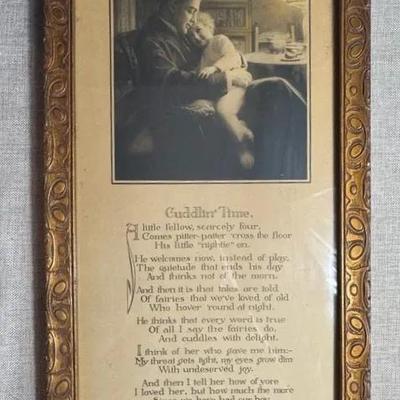Antique Framed Print Of A Poem Titled, “Cuddling’ Time” , 1912, John C. Quincy