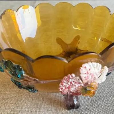 Vintage Amber Footed Glass Bowl W/ Floral Glass Details 