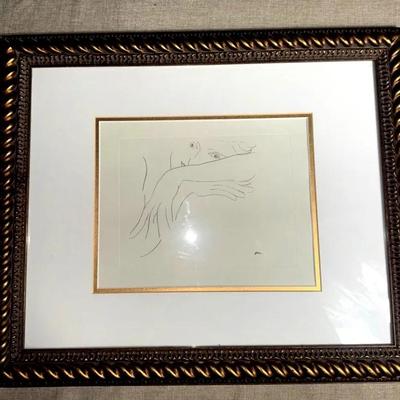 Framed Signed Line Drawing Of A Persons Face, And Arms 