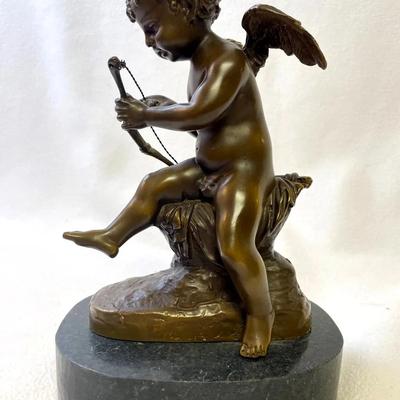 Auguste Moreau Bronze Cupid With Bow And Marble Base