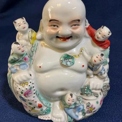 Chinese Famille Rose Porcelain Sitting Buddha With Five Children, Vintage