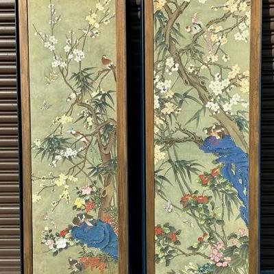 Chinoiserie Panels, Hand Painted, Cherry Blossoms With Birds & Butterflies (2Pcs)