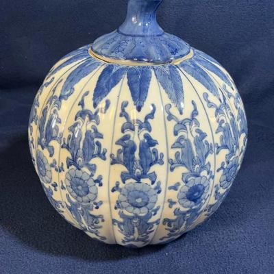 Chinese Blue & White Porcelain Pumpkin Ginger Jar, Vintage