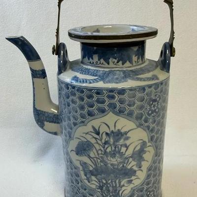 Blue And White Cylindrical, Chinese Style Porcelain Teapot