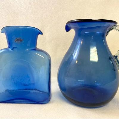 Blenko Cobalt Blue Handblown Double Spout Water Bottle And Pitcher, 2pcs