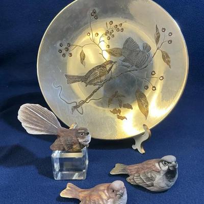 Finches & Chickadees:  Hereford Porcelain Figurines with Reed & Barton Silvertone Plate, 4 Pieces