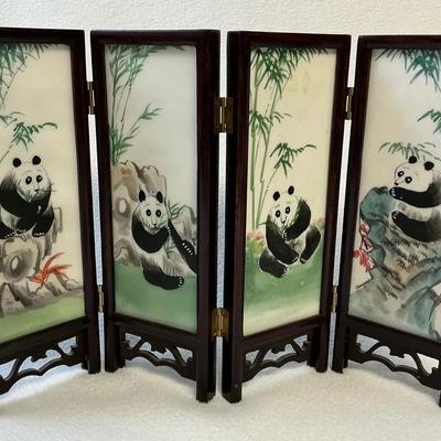 Chinese Folding Screen With Hand Painted Tiles, Of Pandas And The Great Wall