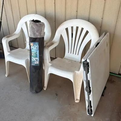 Outdoor Seating - Plastic Patio Chairs (2), Camping Chair, White 6 Ft Folding Table