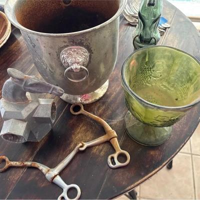 Collectibles - Green Grape Goblet, Wine Bucket W/ Lion Head, Avon Pony Decanter, Horse Bit & Finial