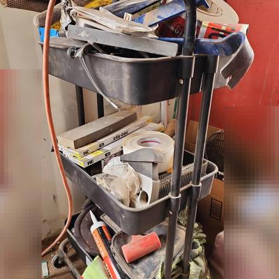3 Bin Rolling Cart Full Of Tools - Mystery Lot, Drywall, Caulk, Tapes, Kit