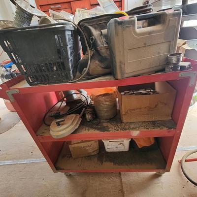 Alltrade Red Rolling Automotive Service Cart - 3 Shelves, Full of Goodies, Tools, Kits, Wire, Nails