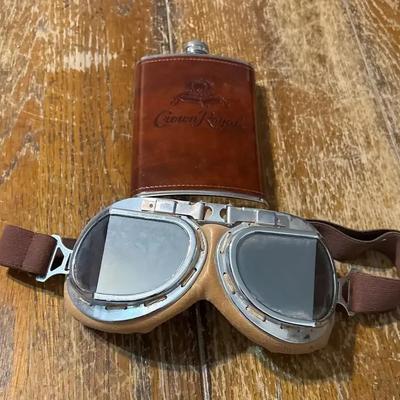 Vintage Leather Aviator Goggles & Crown Royal Branded Flask