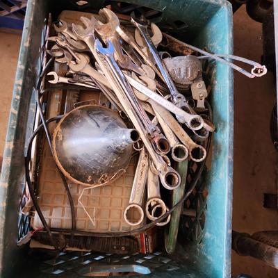 Crate Of Hand Tools & Mystery Tool Box, Wrenches, Lights Funnel, Mystery Box 