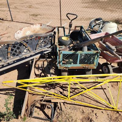 Yard Helpers - Wheelbarrow, Nice Metal Carts, Bench, Windmill Frame, Shovels