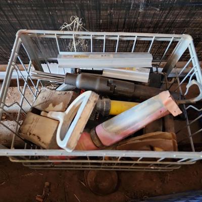 Metal Crate Of Tools, Snap-on Work Light, Bar Sander, Hand Pump
